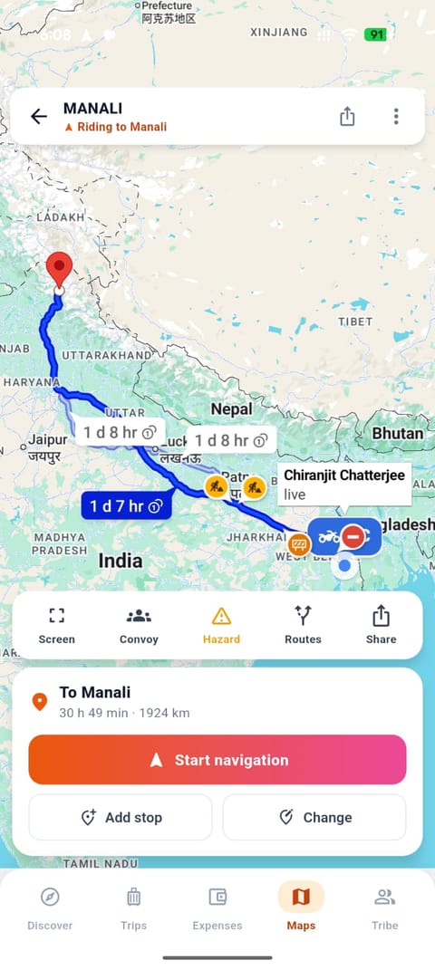 TrailArk convoy screen — live map riding to Ladakh with route options and live location sharing
