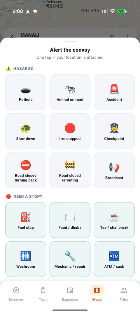 TrailArk hazard alerts — one-tap warnings from pothole to broadcast message